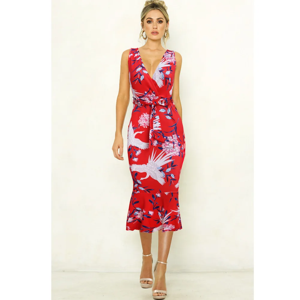 Дизайнерское подиумное платье для женщин с цветочным принтом без рукавов поясом