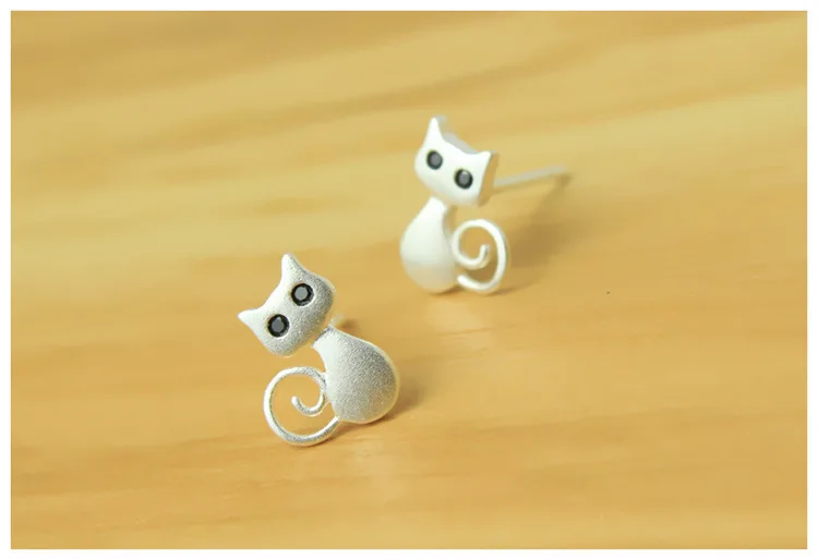 Серьги гвоздики женские из серебра 925 пробы с изображением милого кота|silver stud