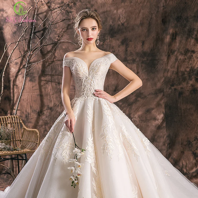 

SSYFashion New Luxury Wedding Dress Bride Elegant Lace Appliques Beading Court Train Long Wedding Gowns Vestido De Noiva Custom