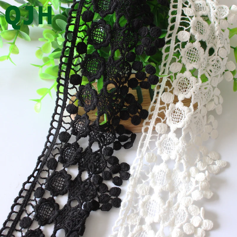 

QJH clothing sewing fabric 1 yards DIY white fabric black trim cotton hook lace fabric ribbon handmade accessories crafts