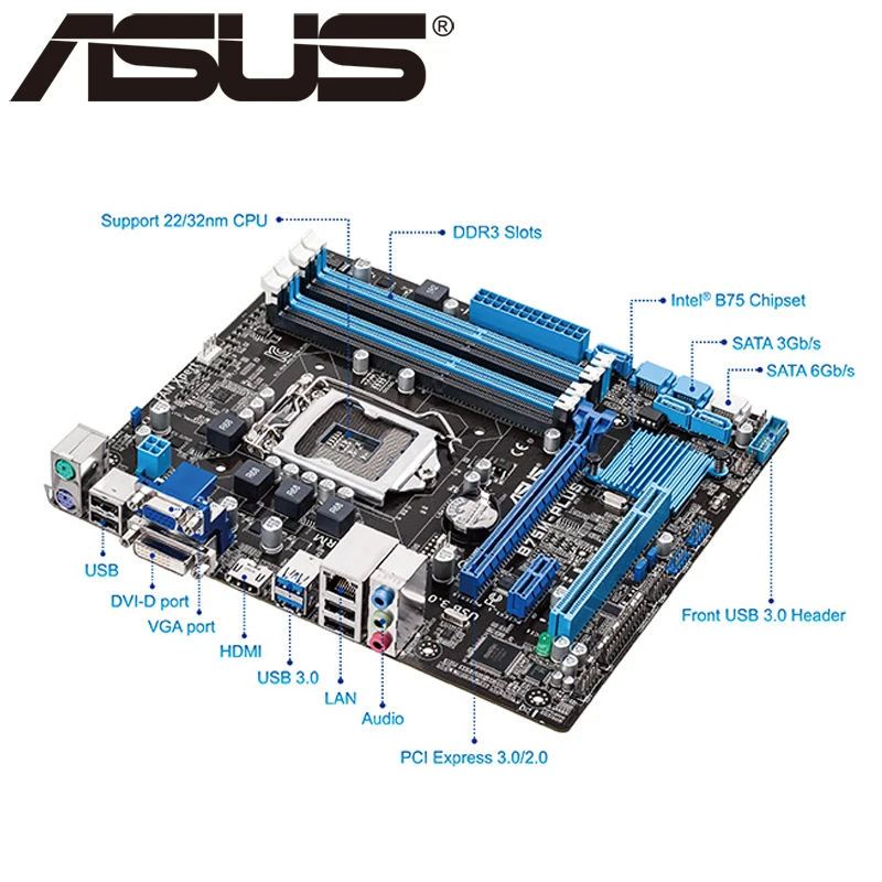 Asus B75M-PLUS настольная материнская плата B75 Socket LGA 1155 i3 i5 i7 DDR3 16G uATX UEFI биос оригинальная б/у материнская плата в продаже