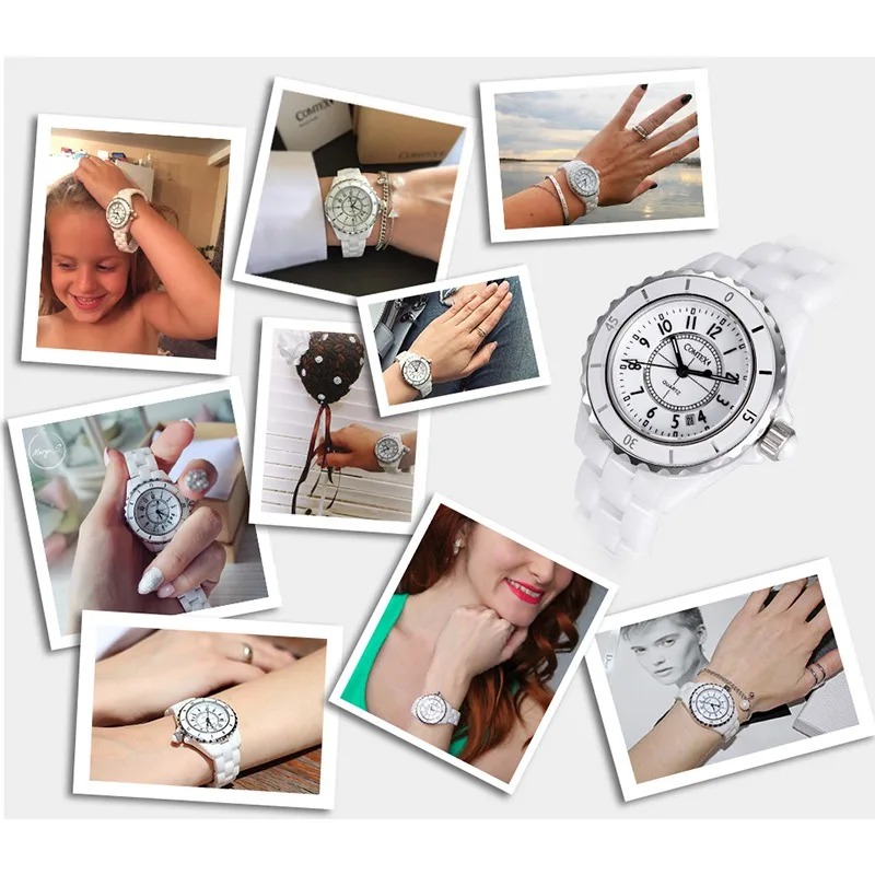 Comtex часы женские модные белые керамические кварцевые платье Pearl наручные леди