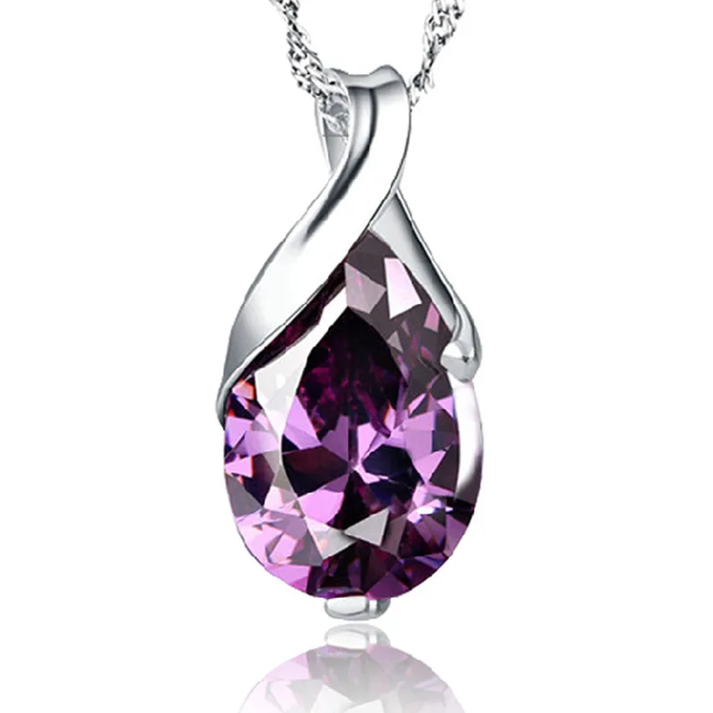 100% 925 Sterling Silver Fashion Purple Crystal Ladies Pendant Necklaces Jewelry Wholesale Short Chain Women Birthday Gifts | Украшения и