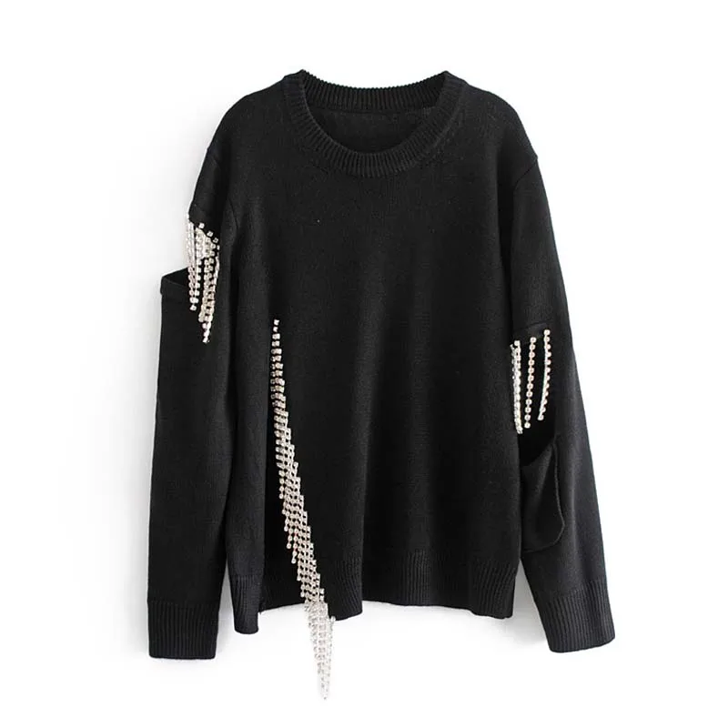 YNZZU Rhinestone Tassel Chic Women's Sweater 2019 Spring Casual Hollow O Neck Women Pullovers Loose Jumper pull femme YT511 | Женская
