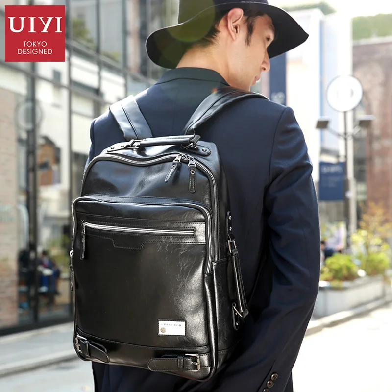 UIYI Мужской черный рюкзак через плечо из искусственной кожи, мягкий мужской рюкзак, мужская сумка для отдыха на молнии 14 дюймов, сумки для ноутбуков с несколькими карманами