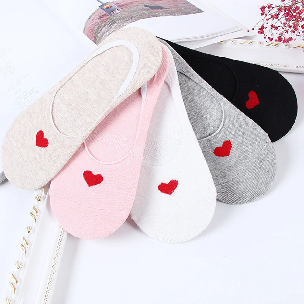 

Spring Autumn Red Heart Invisible Boat Socks Women Cotton Socks Heel Ankle Low Female Short Boat Silicone Invisible Socks