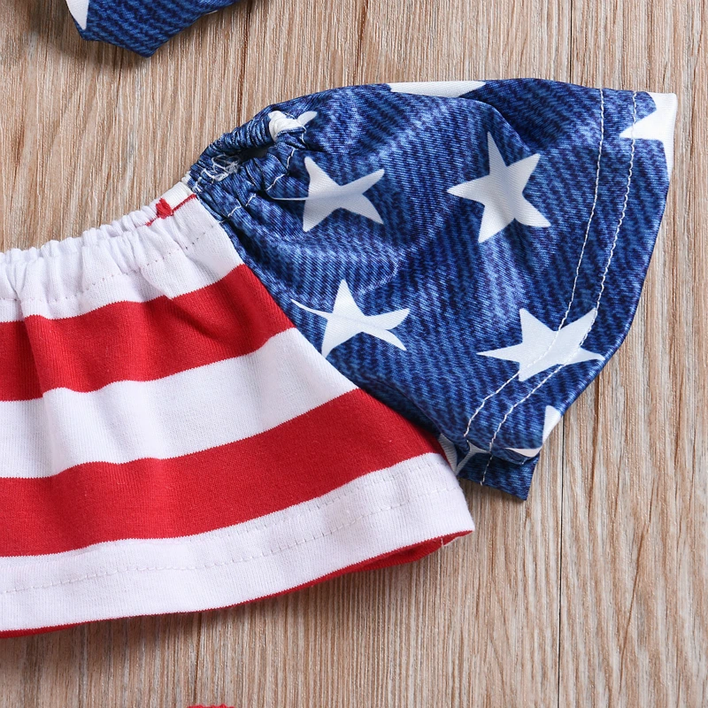 Independence Day Baby Girl Newborn Clothes Five Stars Strips Tops+Shorts With American Flag Striped Hair Band Girls Set | Мать и ребенок