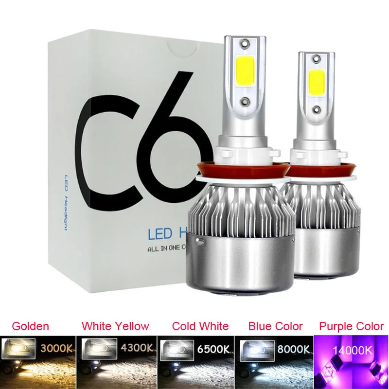 LED H1 H4 H7 H8 H9 H11 9005 HB3 9006 HB4 Car Headlight Bulb C6 Hi/lo Beam COB Kit Fog Light 12v 3000K 4300K 6000K 14000K Purple