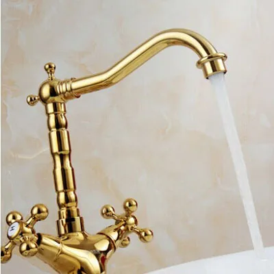 Смеситель для ванной комнаты золотистый кран раковины с двойной ручкой одно
