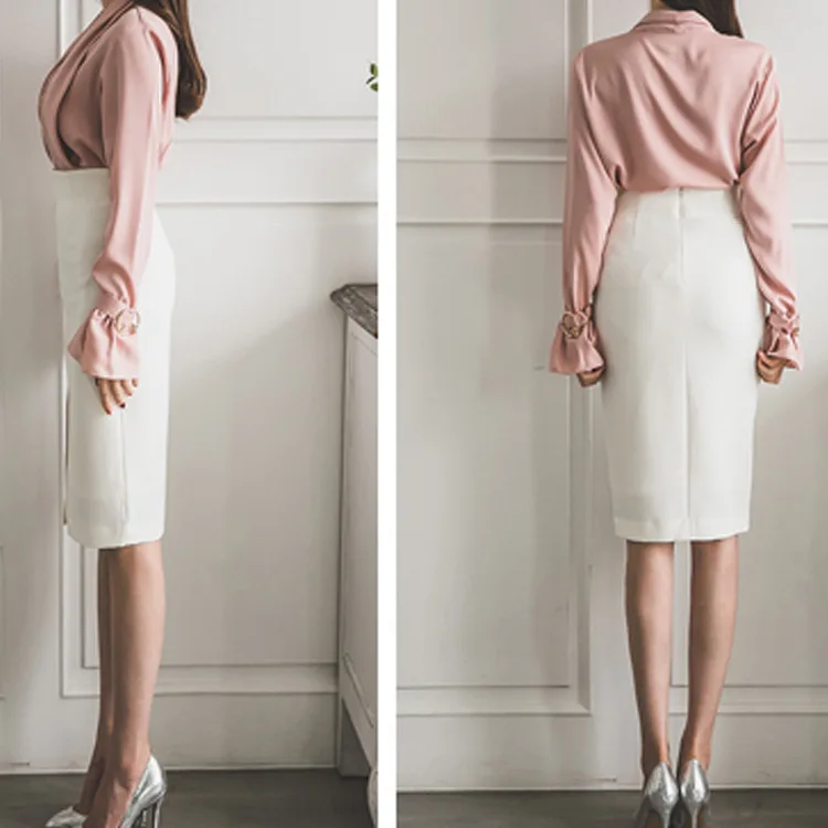 Женское облегающее платье карандаш с длинным рукавом розовое или белое