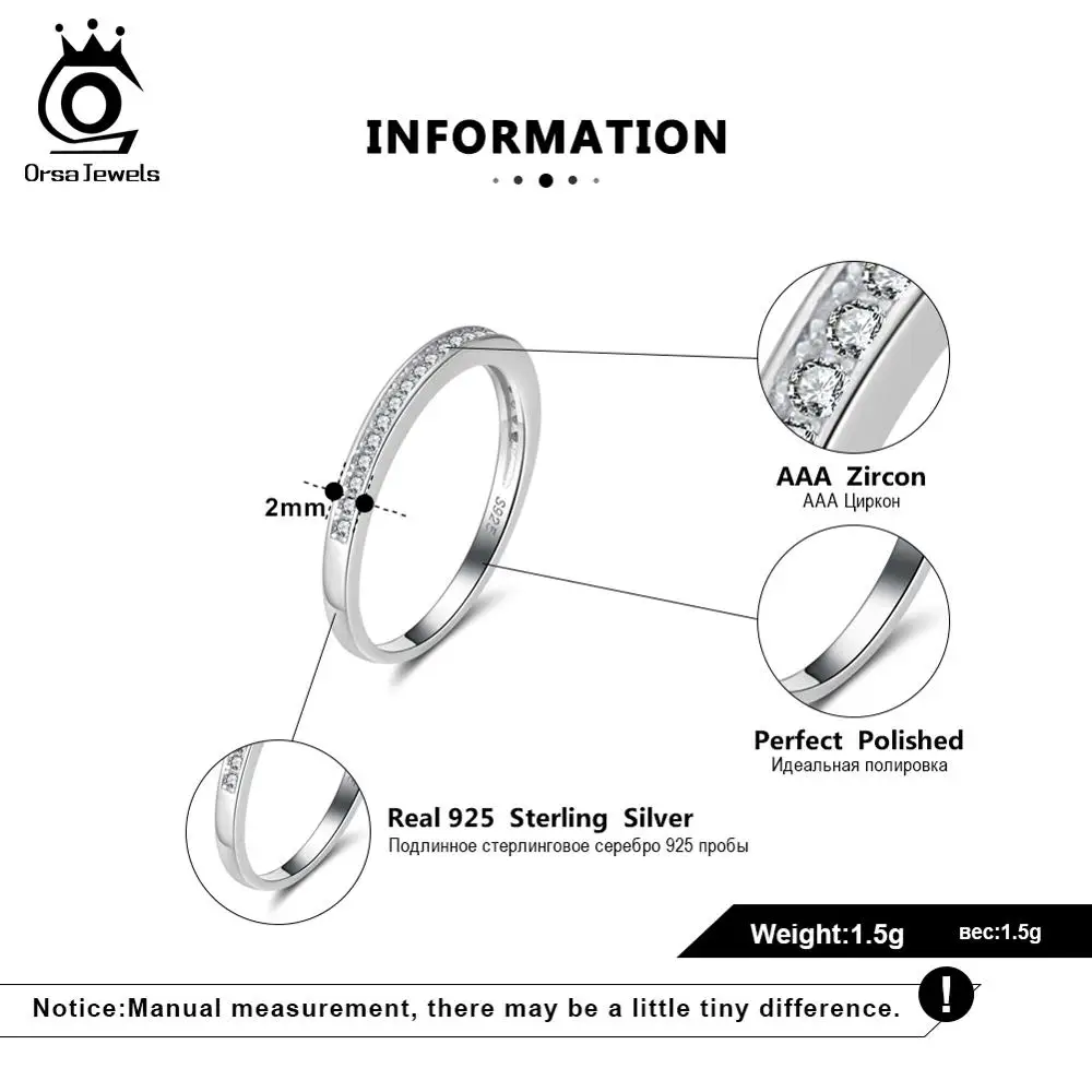 ORSA JEWELS подлинное Серебро 925 женское кольцо с AAA циркон Романтические Свадебные обруч кольца на пальцы серебряные ювелирные изделия OSR136