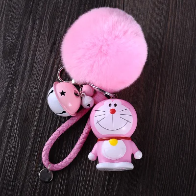 Милый мультфильм Doraemon девушка игрушки меховой шар помпон помпоны брелок для женщин кожаный ремешок металлический брелок для ключей цепи Автомобильная сумка Шарм D33