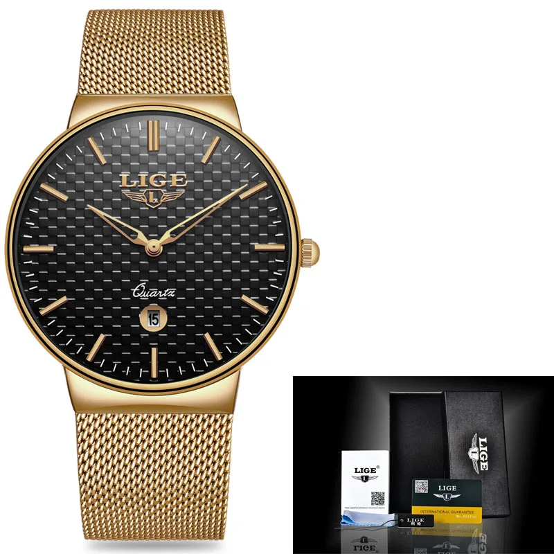 Rose gold black LIGE, мужские часы, роскошный бренд, часы для мужчин, модные спортивные кварцевые часы, нержавеющая сталь, сетчатый ремешок, ультра тонкий циферблат, часы с датой - Цвет: Rose gold black
