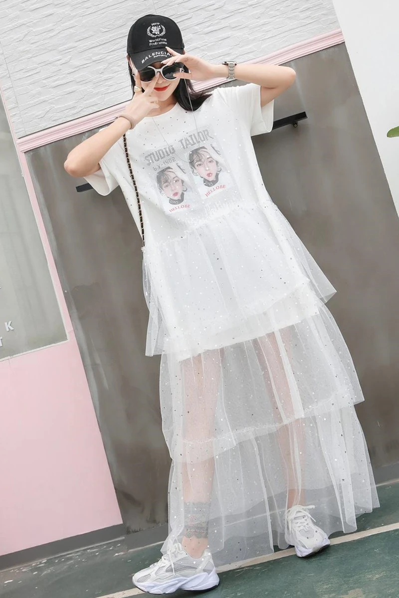 European station tide brand niche print sequin mesh stitching short-sleeved T-shirt female fashion fairy cake skirt summer | Женская