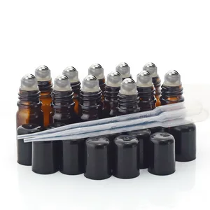 12 шт. 5 мл рулон янтарного стекла бутылки Флаконы с шариком из нержавеющей стали, черная крышка для Парфюмерные эфирные масла Ароматерапия