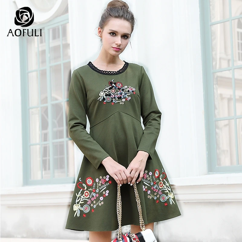 M/L/XL/2XL Красочные цветы вышивка А силуэта платья Beadings осень зима плюс размер
