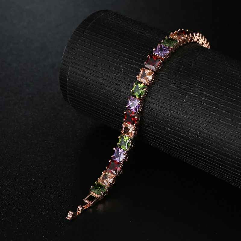 MOONROCY Free Shipping Rose Gold Color Square Colourful Crystal Cubic Zirconia Bracelet Jewelry Bangle for Girl Women Gift | Украшения и