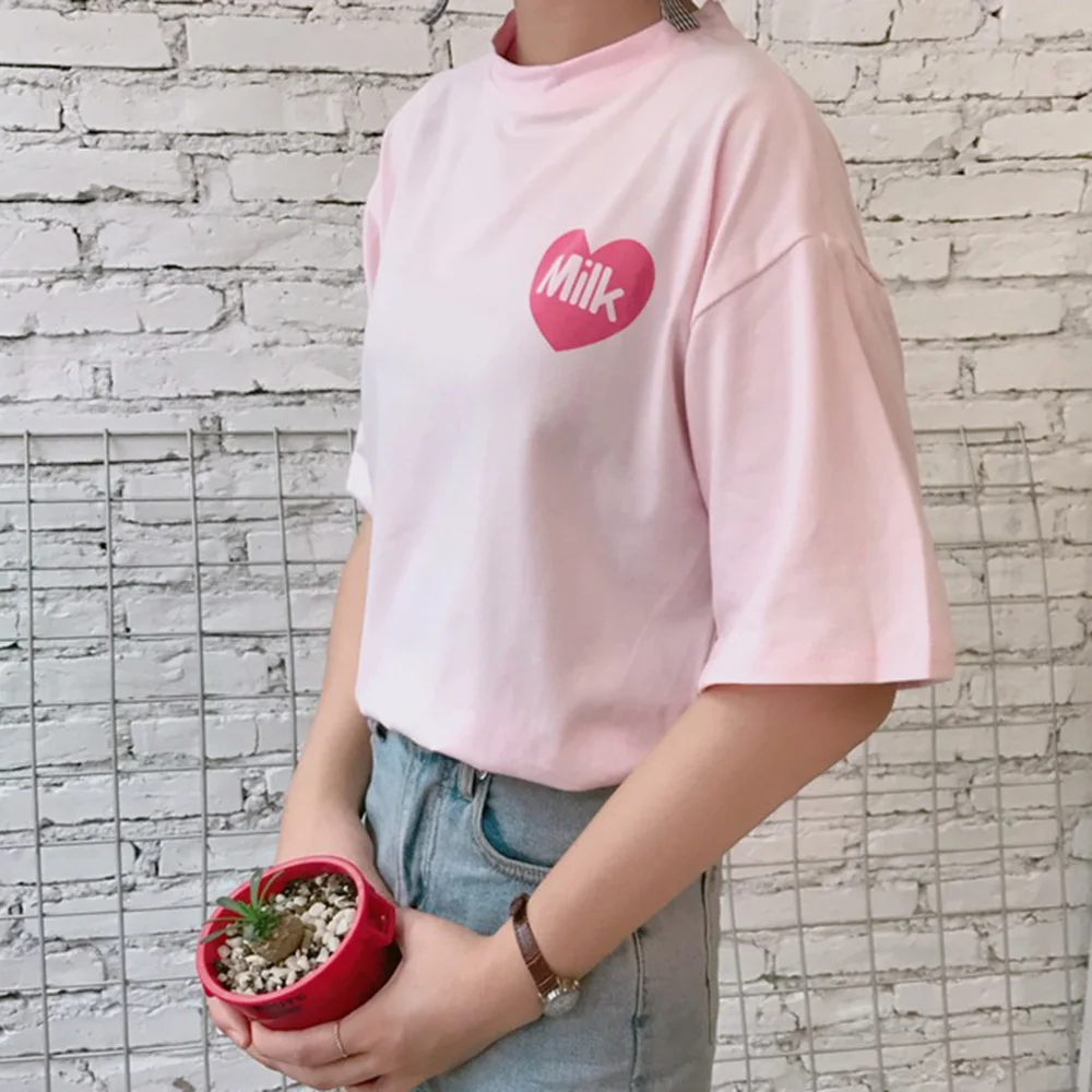 Женская японская футболка Kawaii розовый Свободный Топ с коротким рукавом и принтом