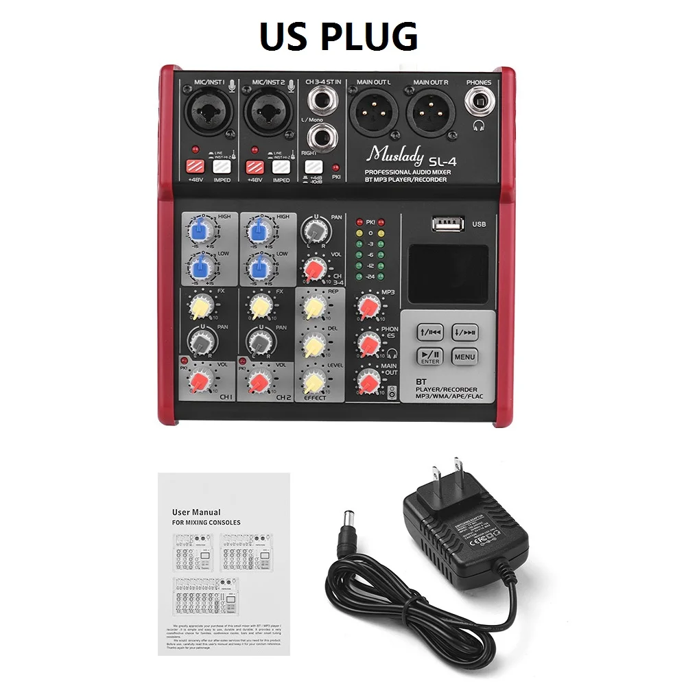 Muslady SL-4 4-канальный микшерный пульт dj микшер 2-полосным эквалайзером встроенный 48V Phantom Мощность поддерживает подключения BT USB MP3 плеер - Цвет: US PLUG