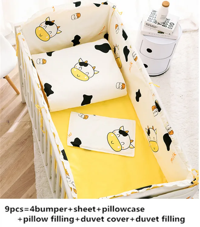 6/9PCS Cute Cow Baby Bedding Set cama infantil Newborn Infant Cartoon Crib Detachable baby blanket whole set | Мать и ребенок