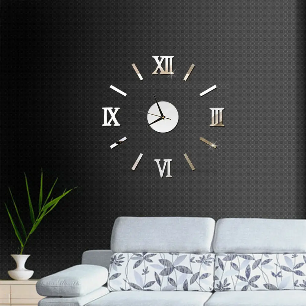 Modern Large Wall Clock 3D Mirror Sticker Unique Big Number Watch Large Wall Clock Big Watch Decal 3D Sticker Roman Numerals DIY