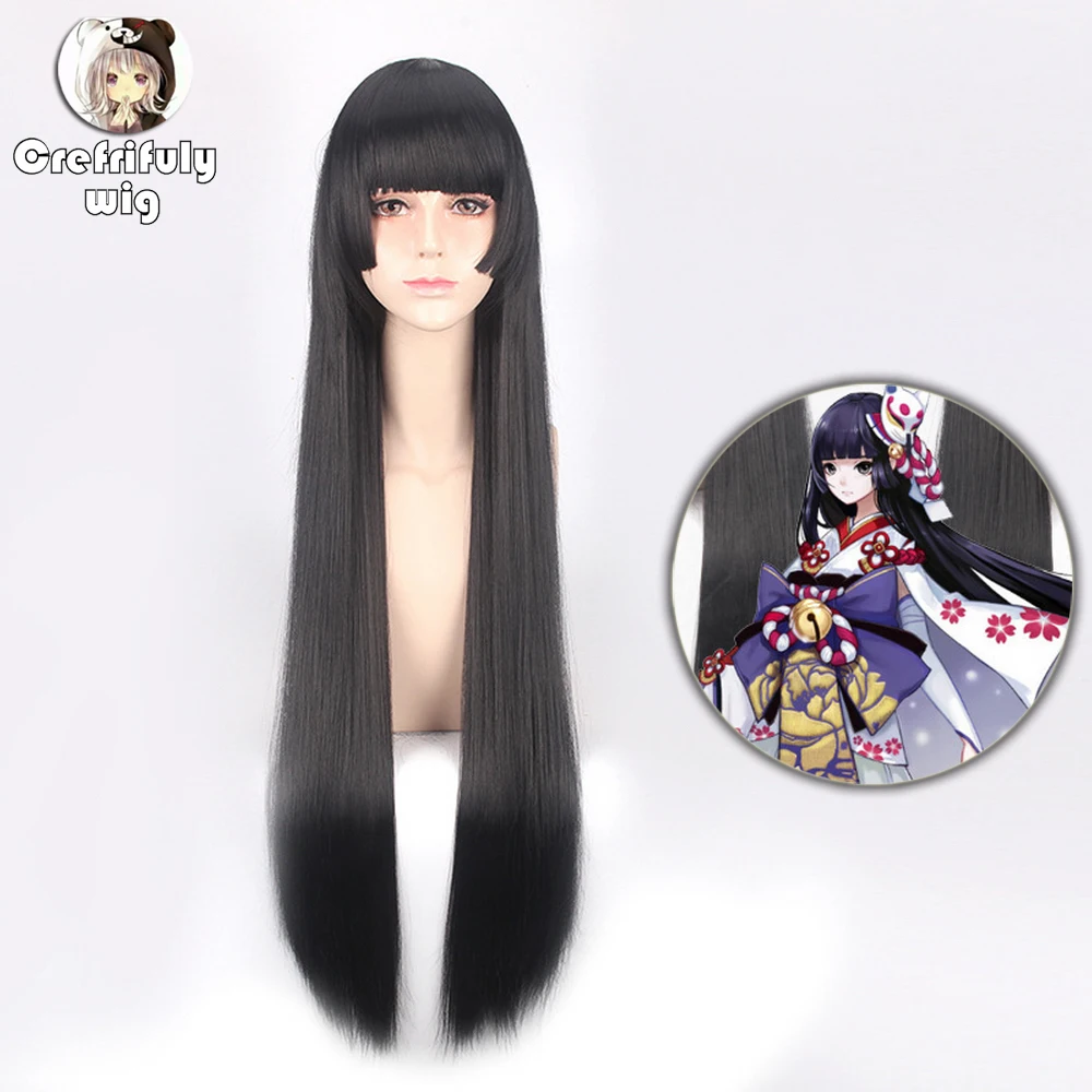 Onmyoji длинный прямой черный косплей парик челки синтетические волосы Хэллоуин