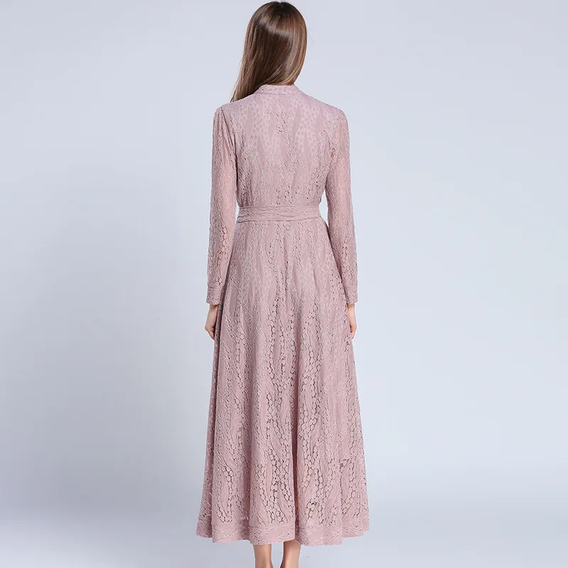 LARCI розовое кружевное платье Для женщин 2018 Новая мода с длинным рукавом и стоячим
