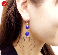 qingmos fashion natural blue jades earrings for women with 8mm blue jades 3 pieces metal round circle dangle 3 5 earring e620