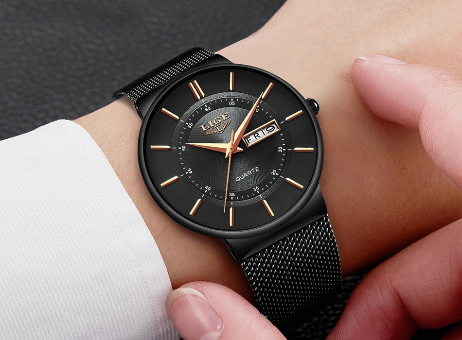 Relogio Masculino LIGE New Mens Watches Top Brand Luxury Ultra Thin Quartz Watch Men Steel Mesh Strap Waterproof Gold Watch
