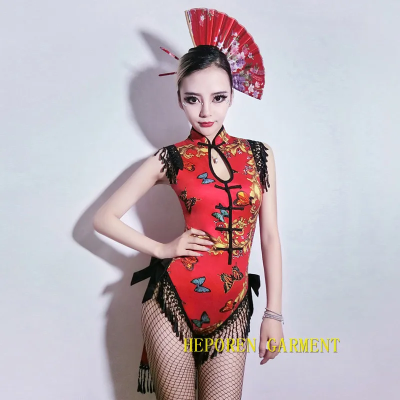Женский боди для гейши, сексуальный, для клуба, Япония, узор бабочки, с кисточкой, бодикон, новинка, сексуальный, Япония, бар, клуб, красный, чонсам, костюмы