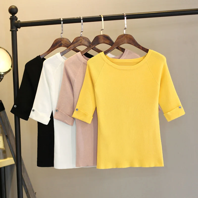 M-XXL Summer T Shirt Women Top Tee Hal Sleeve T-Shirt With Button Decorate High Elastic Knitting Tshirt Femme Harajuku | Женская одежда