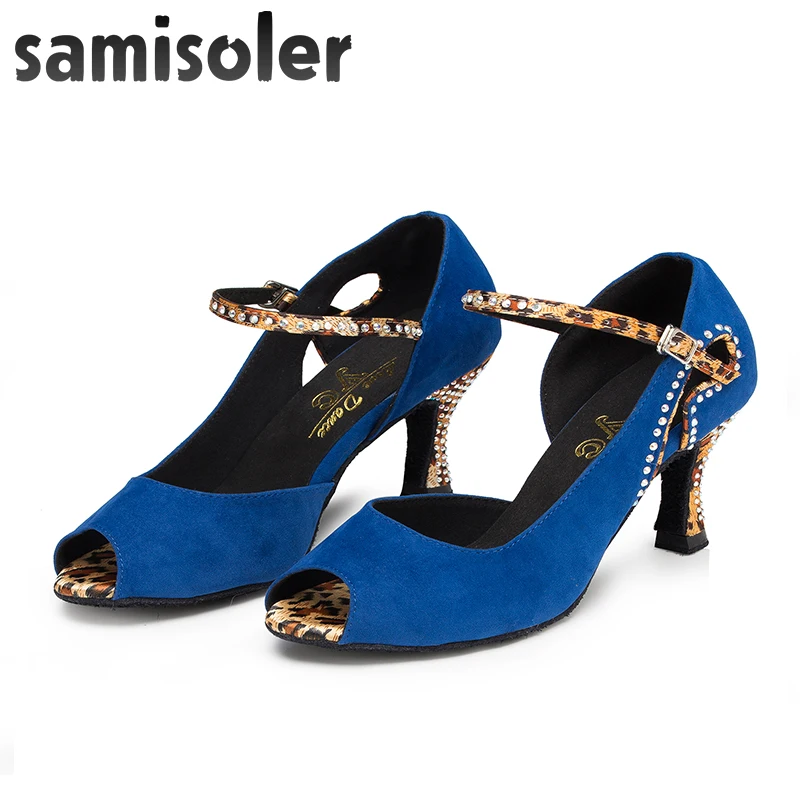 Samisoler Bule/P New Cloth Collocation Shine Ribbons Ballroom Fashion Dance Women Latin Dance Competition Shoes
