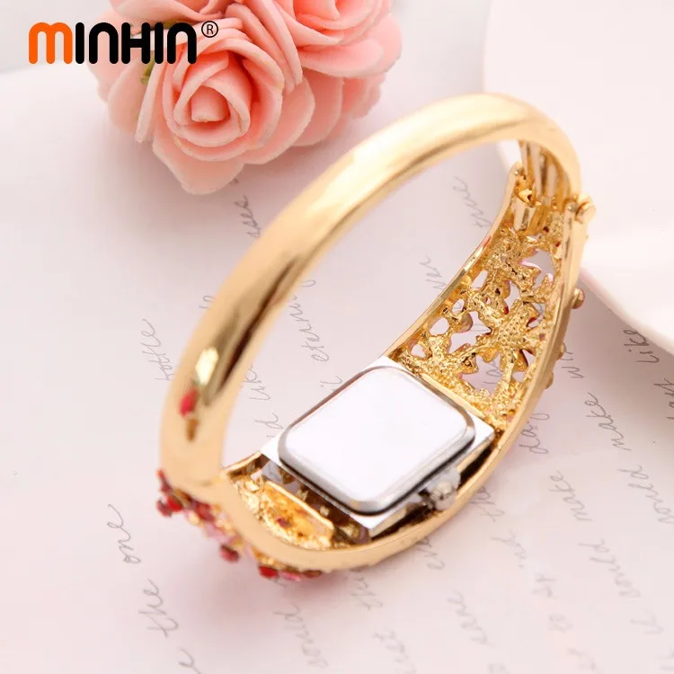 Часы MINHIN Brilliant, 5 цветов, браслет для женщин, золотой цвет, Хрустальный цветок, дизайн, Браслет-манжета, кварцевые часы, повседневные наручные часы