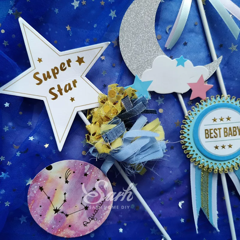 Золотая белая земля самолет звезда облако космический корабль торт Топпер для