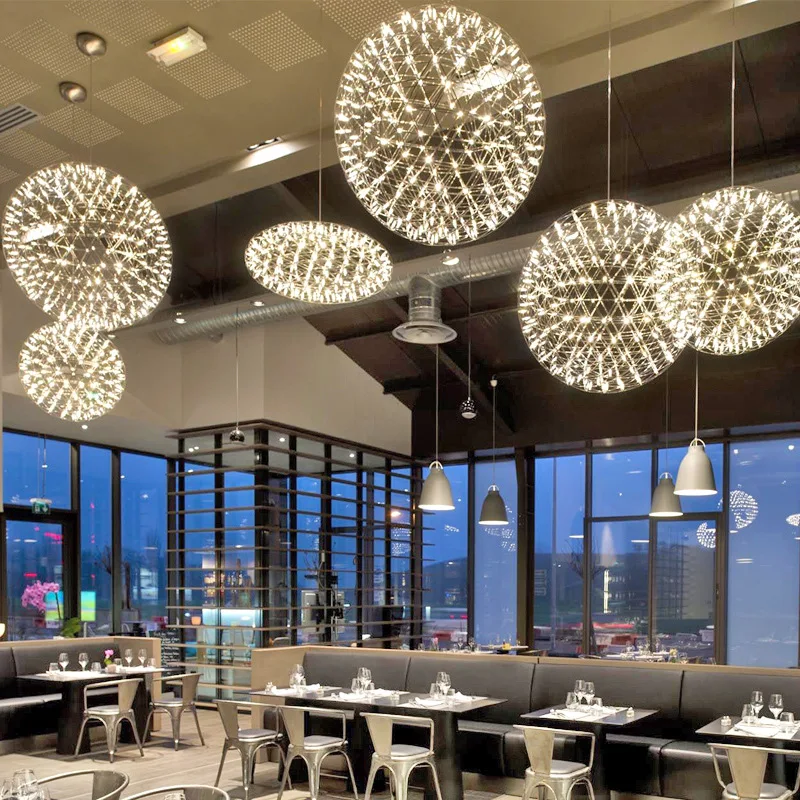 

wongshi Modern Firework Spark Ball LED Pendant Light Stainless Steel Pendant Lamps Home Decor Lighting AC110-240V Input