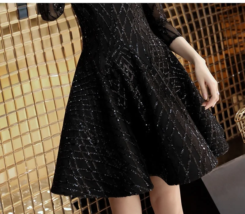 Черное платье с блестками, рукав три четверти, Короткие коктейльные платья, вечернее платье на молнии, коктейльное платье, выпускной, TS1321