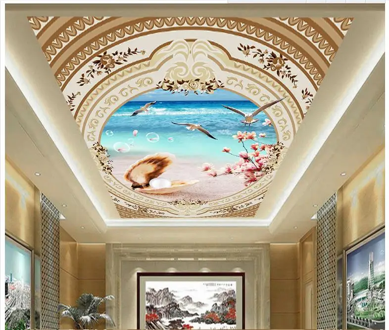 Пользовательские 3d обои потолочные фрески Zenith sea beach shell cherry blossom ocean condole top dceor |