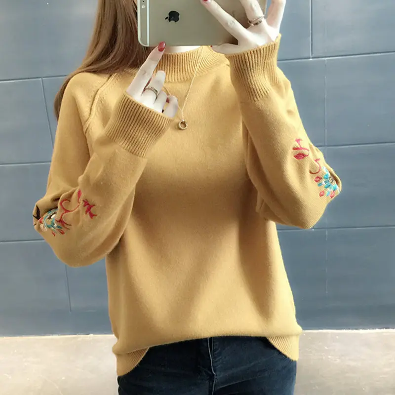 New Fashion 2021 Women Autumn Winter Embroidery Sweater Pullovers Warm Knitted Sweaters Pullover Lady | Женская одежда