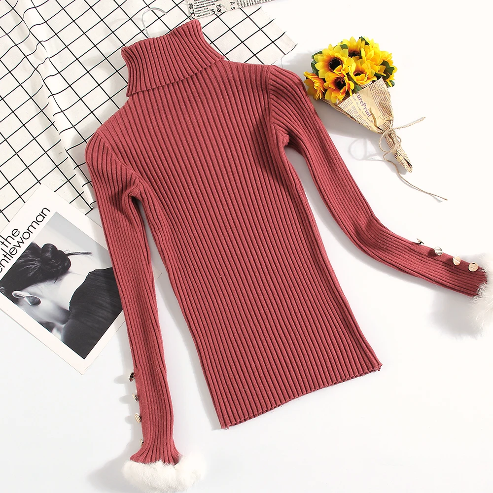 Водолазка Для женщин вязаный свитер эластичность меха Рукава с кнопкой высокое