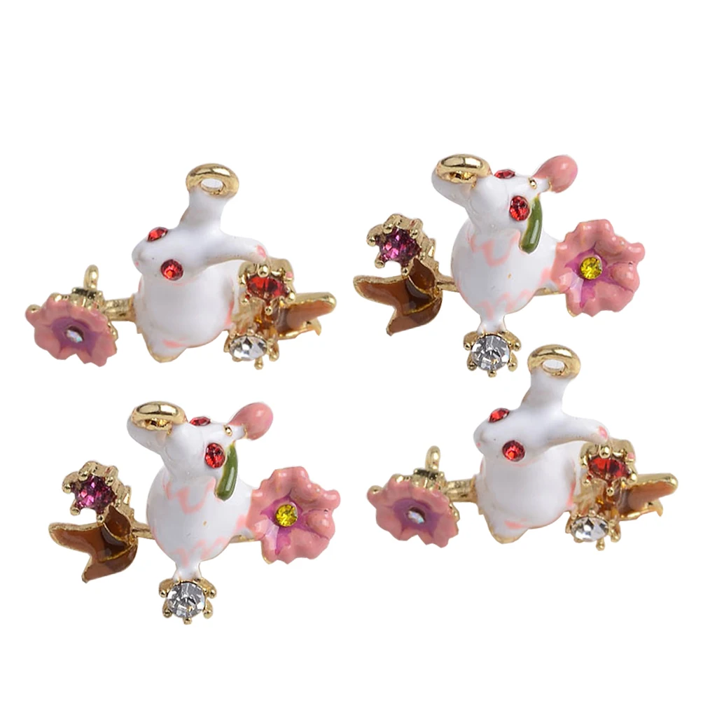 4Pcs Rhinestone Decorated Easter Rabbit with Flower for Hanging Charms Pendants /Earring Findings Crafts/Necklace Bracelets DIY | Украшения