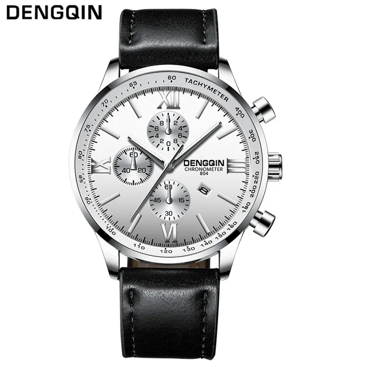 leather silver white DENGQIN модные кварцевые часы для мужчин из нержавеющей стали S часы лучший бренд класса люкс мужские часы бизнес мужские наручные часы Relogio Masculino - Цвет: leather silver white
