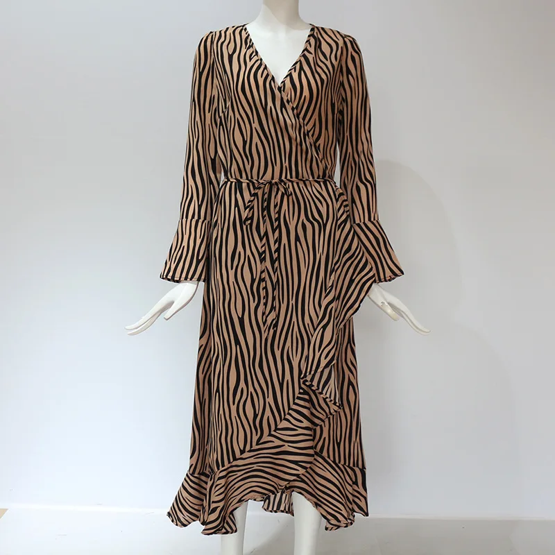 

Zebra Print Women Dress Ruffle Cross Spring Autumn Long Sleeve V Neck Party Beach Boho Dresses Plus Size Tunic Female Vestidos