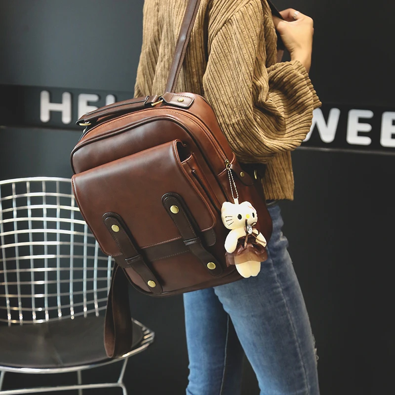 Women Female Brand Back Pack College Style Leather Backpack School Back pack Vintage Student Schoolbag Retro Rucksack Square