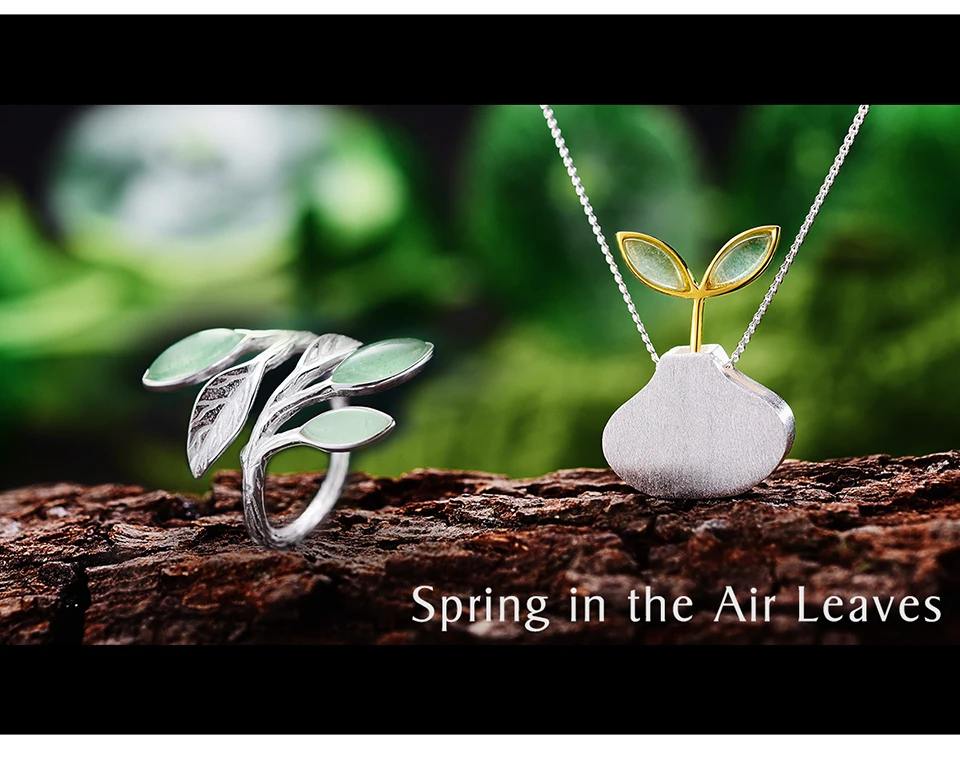 Lotus Fun реальные 925 пробы серебро Натуральный камень творческий ручной Fine Jewelry Весна в воздухе листья комплект ювелирных изделий Для женщин