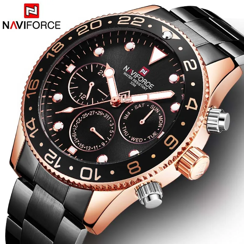 Black Gold Black NAVIFORCE мужские часы Топ бренд класса люкс золотые синие часы из нержавеющей стали Naviforce Мужские Роскошные водонепроницаемые часы мужские часы платье - Цвет: Black Gold Black