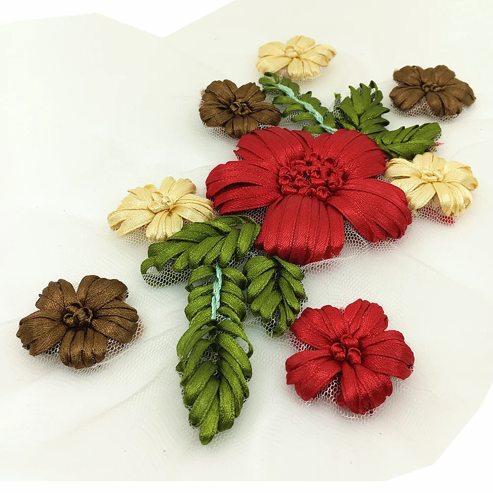2pc Red Ribbon Embroidery Patch Flower Embroidered Patches For Clothing Vintage Applique Clothes Parches Ropa Sew On AC1415 | Дом и сад