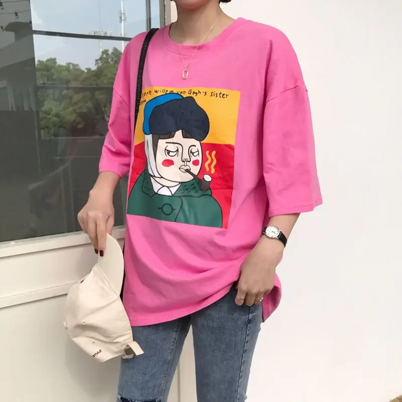 Women Summer Fun Printing Oversize T shirt Cartoon Loose 3/4 sleeved Long Pink White New Spring Korean Shirt|Футболки| |