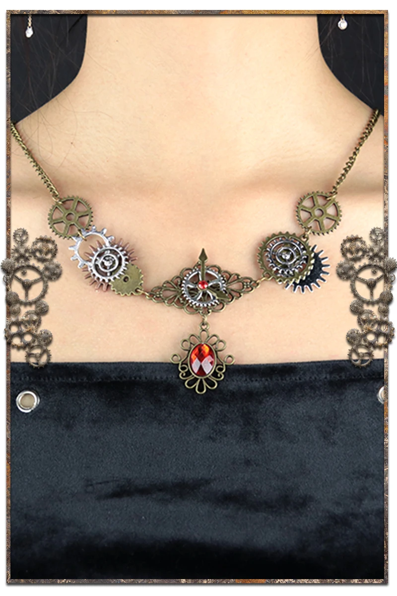 

2018 Retro Gear Red Pendant Handmade DIY Steampunk Necklace Ladies Novelty Fashion Couple Necklace