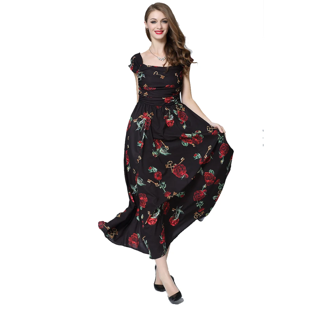 Европейское платье с розами и цветочным узором элегантное открытыми плечами