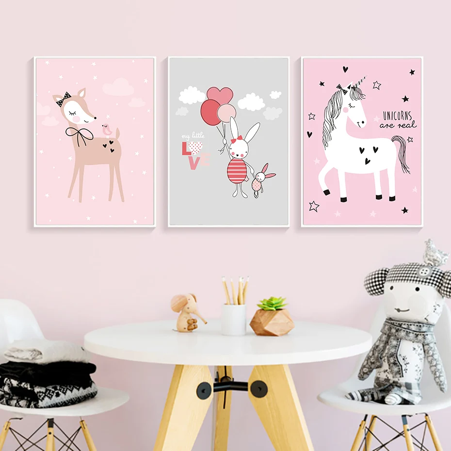 Фото Настенная картина для комнаты девочки постер с розовым оленем и печать на холсте